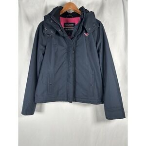 Hollister Fleece Lined Hooded Full Zip Mid Weight Coat Jacket Large, Navy Pink